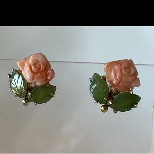 Genuine Coral Rose With Jade Leaves On Gold Trim  Earrings